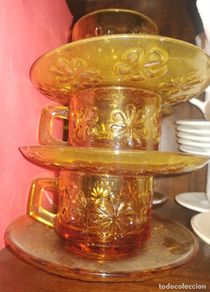 Vintage: VINTAGE VAJILLA DURALEX AMBAR * AÑOS 60 * MODELO FLORAL * LOTE 6 TAZAS Y 6 PLATOS